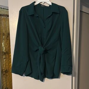 SHEIN Curve Green 3/4 Sleeve Tie Front Blouse